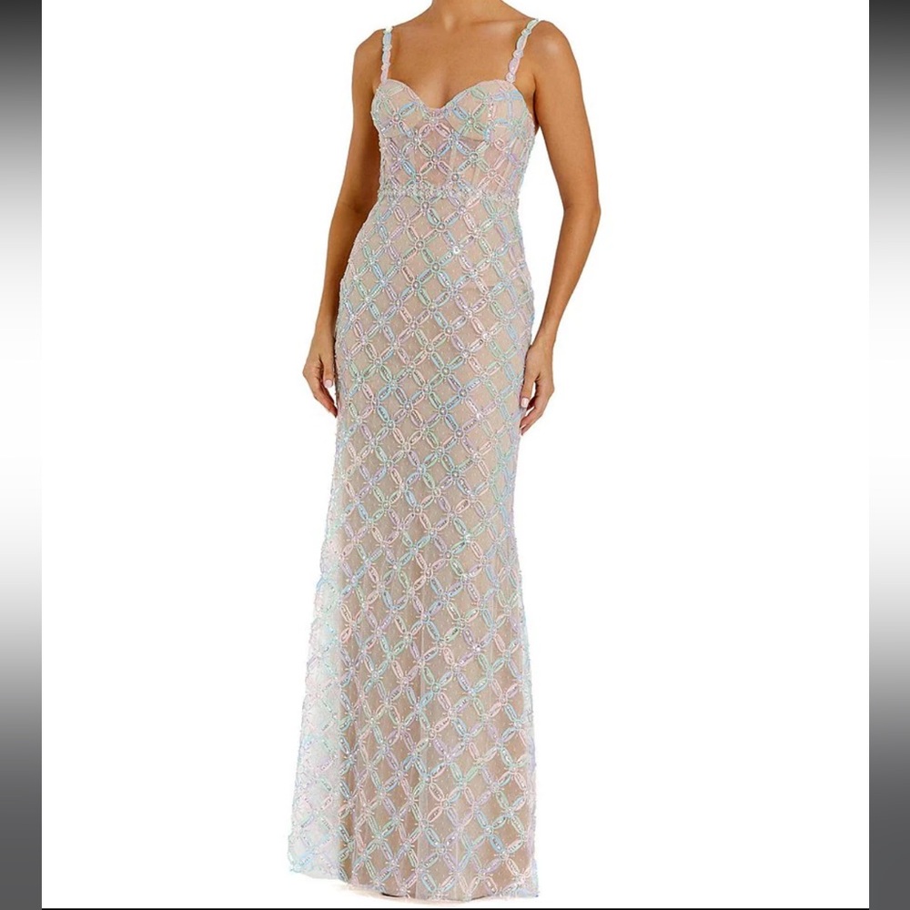 Mac Duggal Blush Iridescent Beaded Maxi Gown
